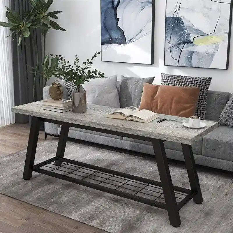 Industrial Style Shoe Storage Bench with Metal Frame and Bottom Shelf