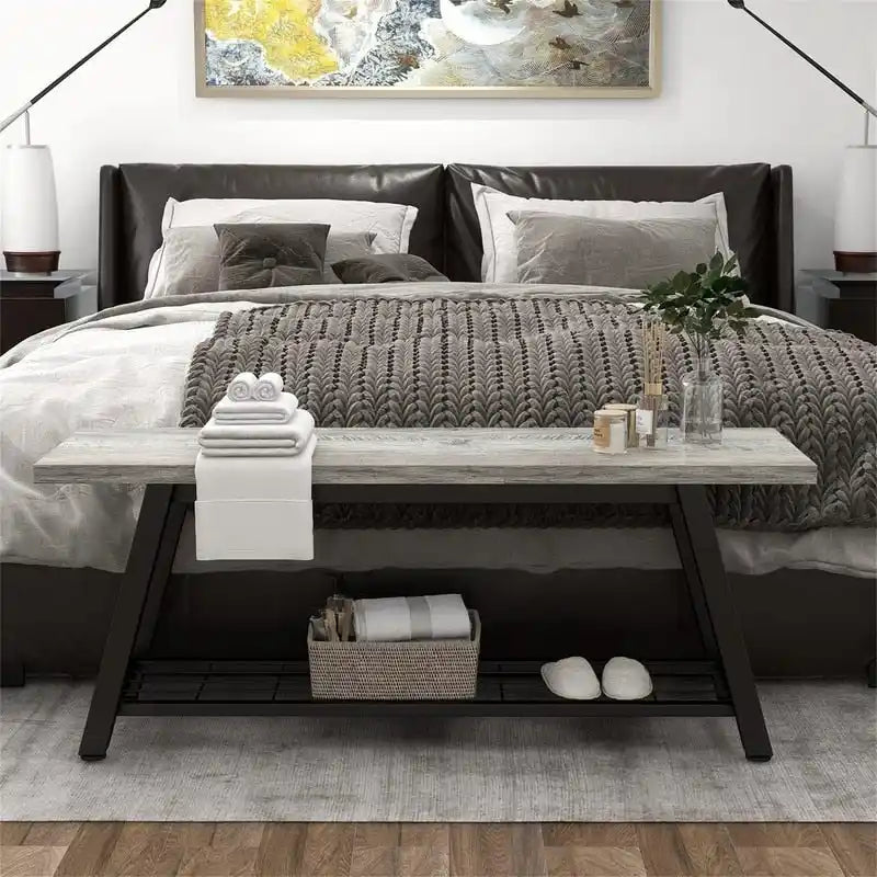 Industrial Style Shoe Storage Bench with Metal Frame and Bottom Shelf