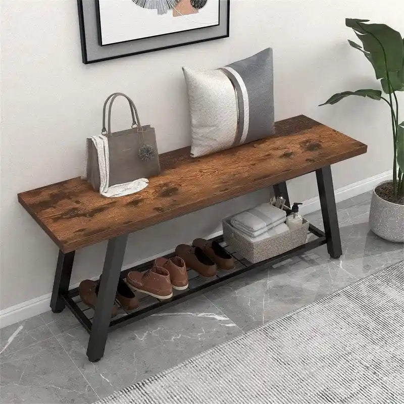 Industrial Style Shoe Storage Bench with Metal Frame and Bottom Shelf