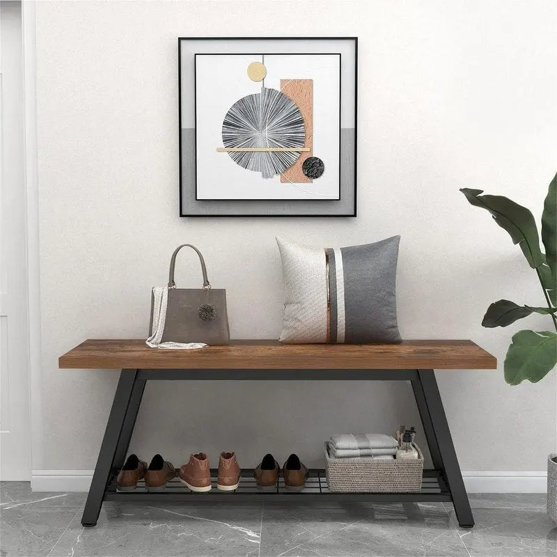 Industrial Style Shoe Storage Bench with Metal Frame and Bottom Shelf