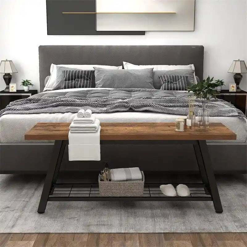 Industrial Style Shoe Storage Bench with Metal Frame and Bottom Shelf