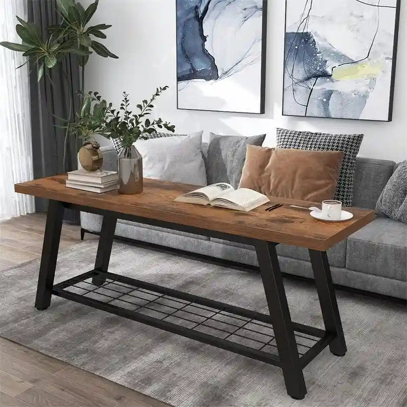 Industrial Style Shoe Storage Bench with Metal Frame and Bottom Shelf