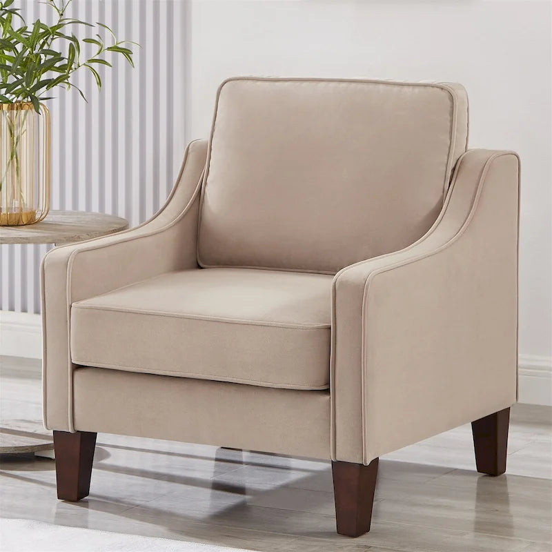 Velvet Accent Chair with Scooped Arms Cushion Back Wooden Legs