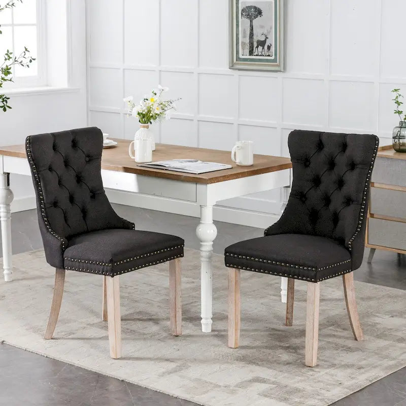 Tufted Linen Upholstered Dining Chair with Nailhead Trim and Wood Legs
