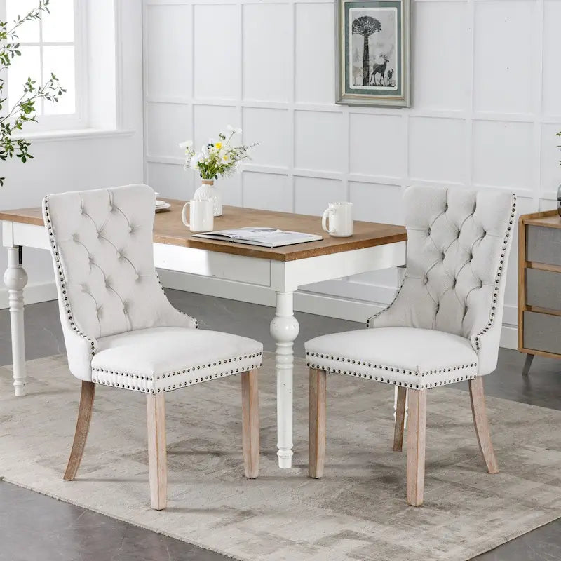 Tufted Linen Upholstered Dining Chair with Nailhead Trim and Wood Legs
