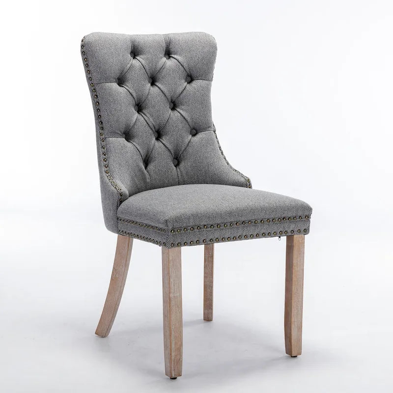 Tufted Linen Upholstered Dining Chair with Nailhead Trim and Wood Legs