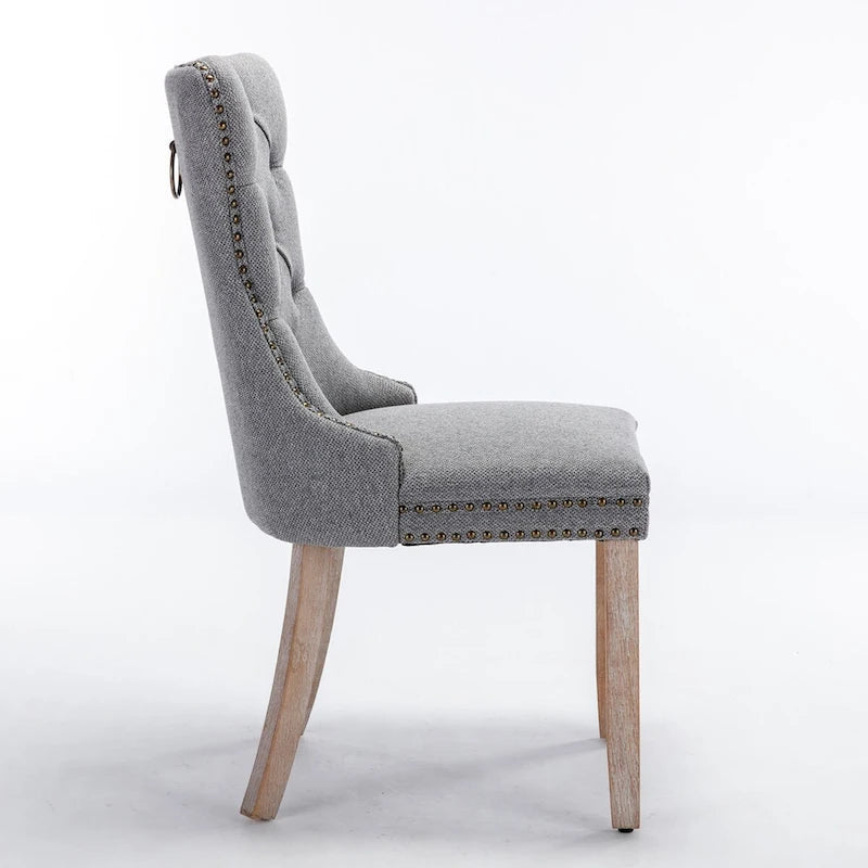 Tufted Linen Upholstered Dining Chair with Nailhead Trim and Wood Legs