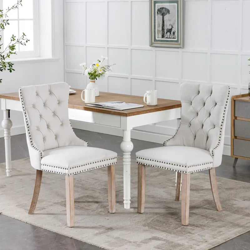 Tufted Linen Upholstered Dining Chair with Nailhead Trim and Wood Legs
