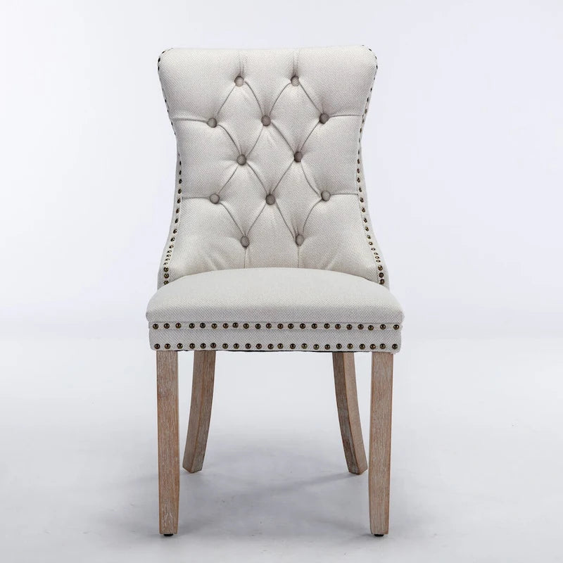 Tufted Linen Upholstered Dining Chair with Nailhead Trim and Wood Legs