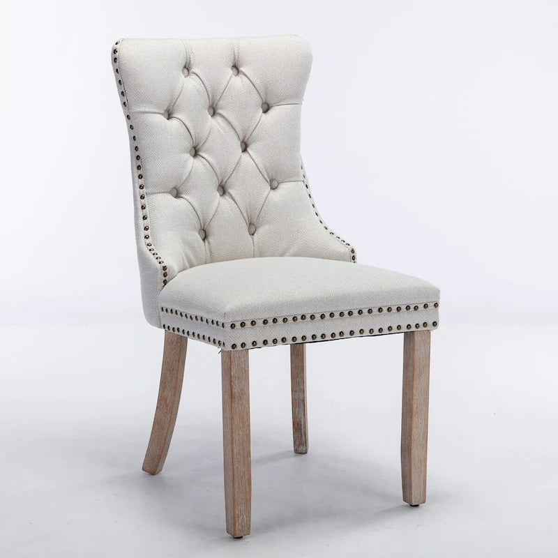 Tufted Linen Upholstered Dining Chair with Nailhead Trim and Wood Legs