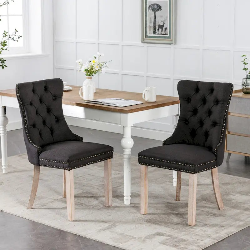 Tufted Linen Upholstered Dining Chair with Nailhead Trim and Wood Legs