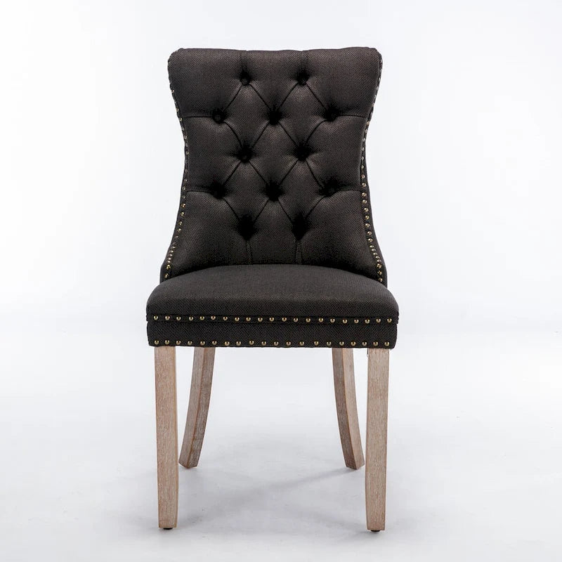 Tufted Linen Upholstered Dining Chair with Nailhead Trim and Wood Legs