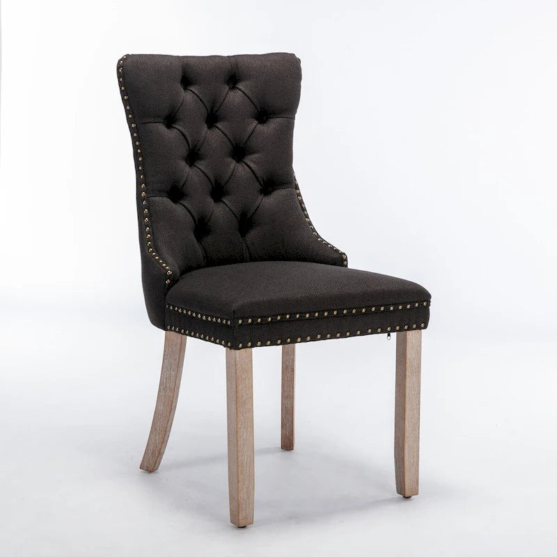 Tufted Linen Upholstered Dining Chair with Nailhead Trim and Wood Legs