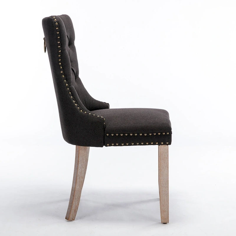 Tufted Linen Upholstered Dining Chair with Nailhead Trim and Wood Legs