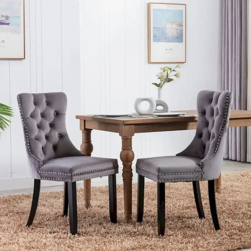 Tufted Velvet Upholstered Dining Chair Solid Wood Legs Nailhead Trim
