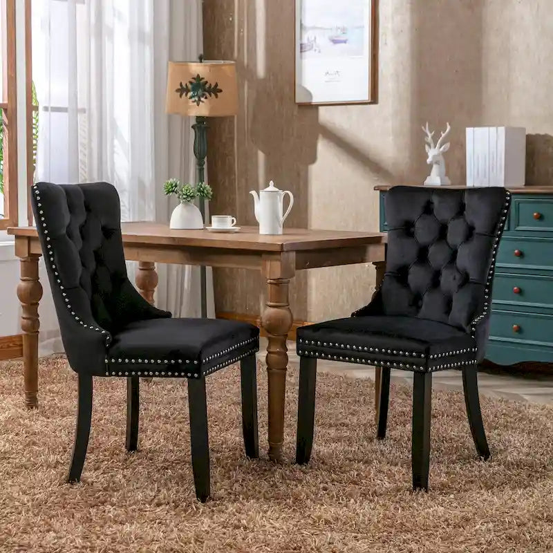 Tufted Velvet Upholstered Dining Chair Solid Wood Legs Nailhead Trim