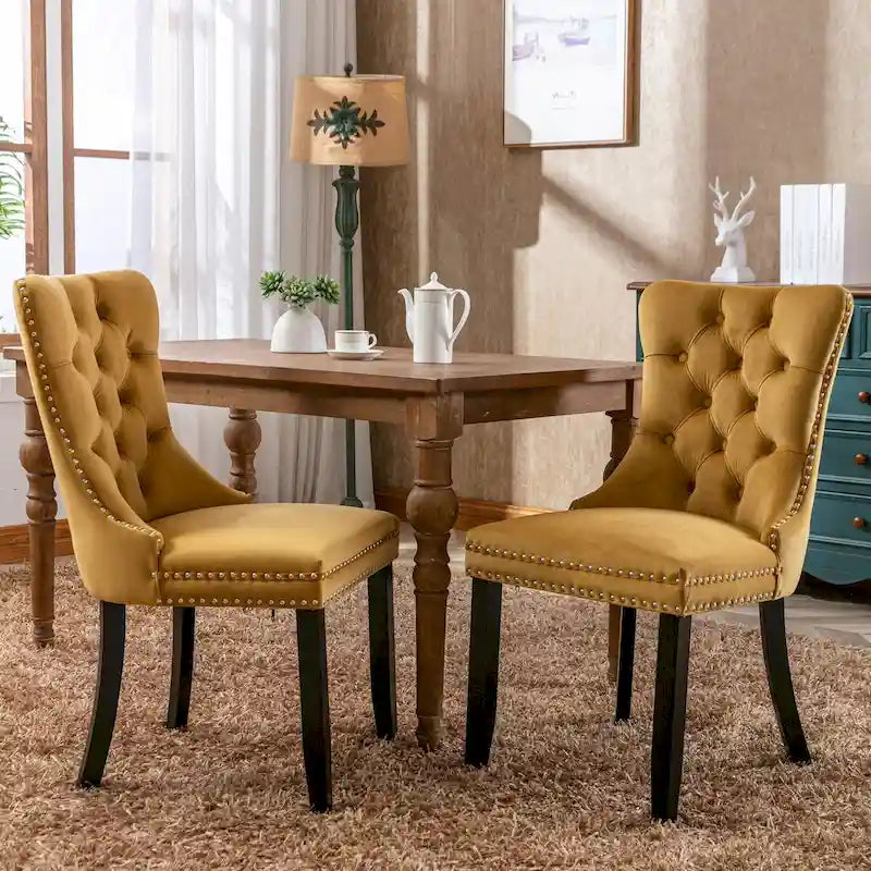 Tufted Velvet Upholstered Dining Chair Solid Wood Legs Nailhead Trim