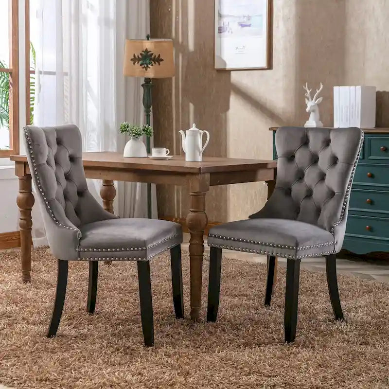 Tufted Velvet Upholstered Dining Chair Solid Wood Legs Nailhead Trim