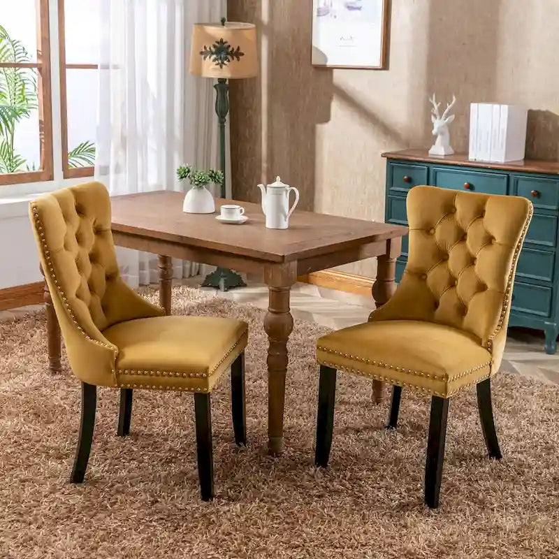 Tufted Velvet Upholstered Dining Chair Solid Wood Legs Nailhead Trim
