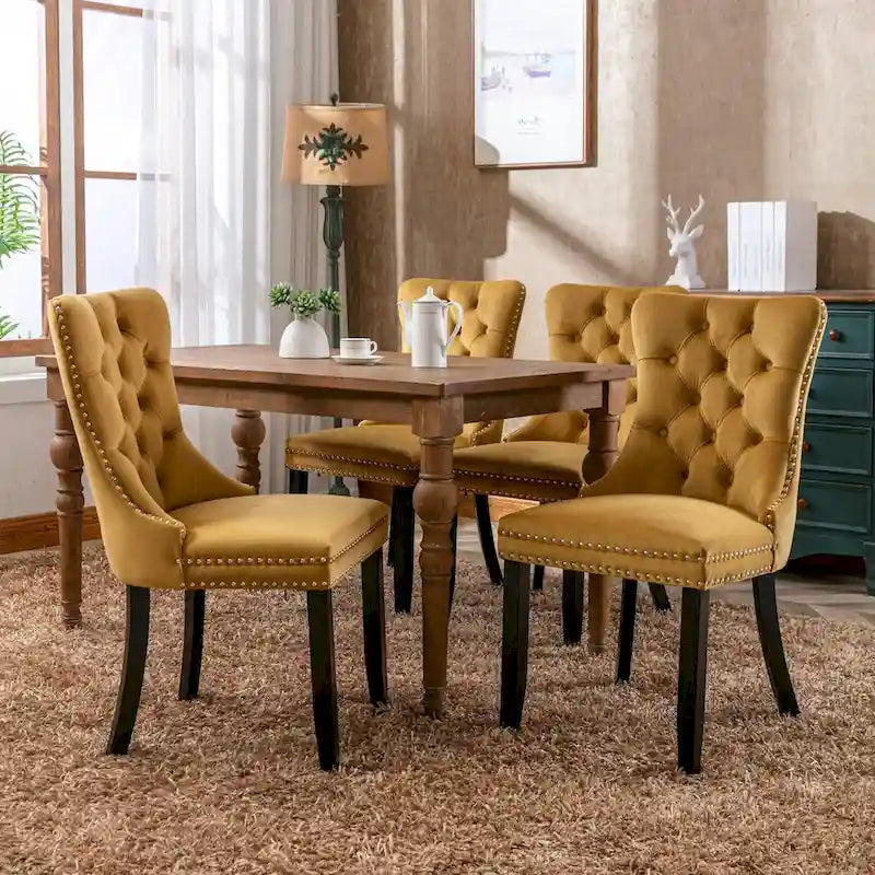 Tufted Velvet Upholstered Dining Chair Solid Wood Legs Nailhead Trim