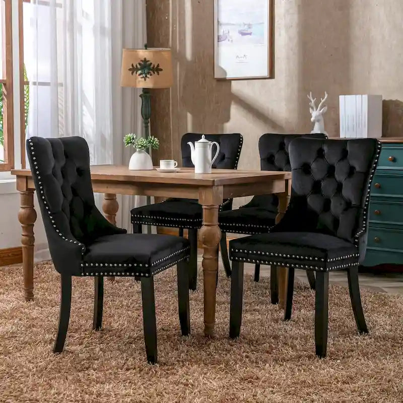 Tufted Velvet Upholstered Dining Chair Solid Wood Legs Nailhead Trim