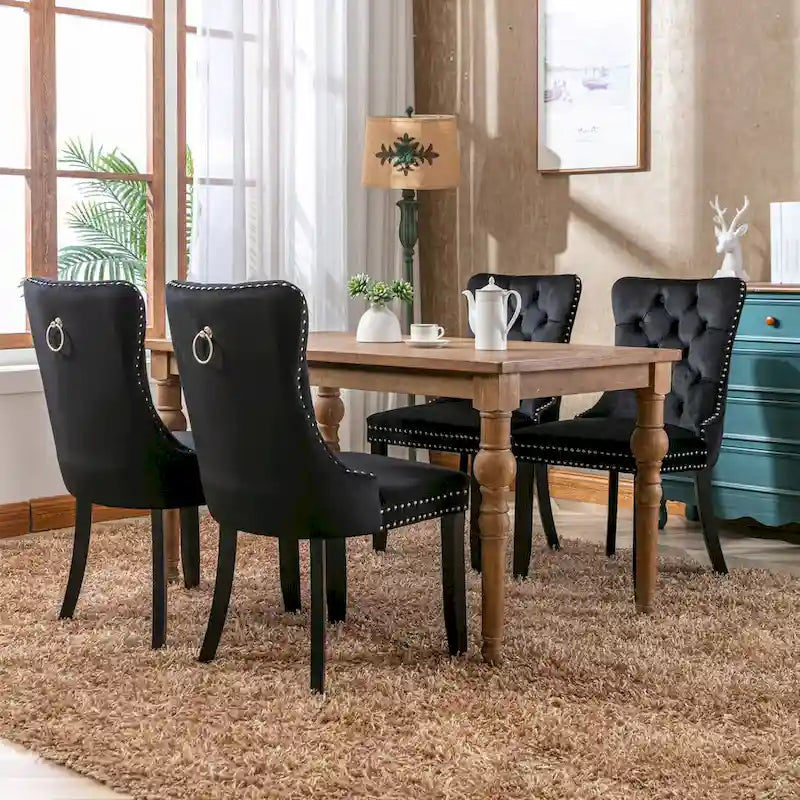 Tufted Velvet Upholstered Dining Chair Solid Wood Legs Nailhead Trim