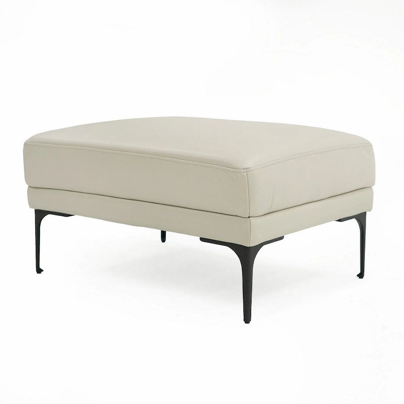 Rectangular Cushioned Leather Ottoman with Powder Coated Iron Base, Light Gray