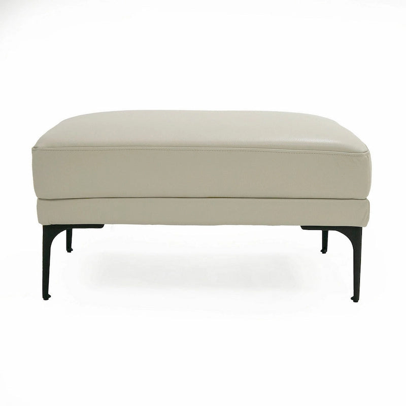 Rectangular Cushioned Leather Ottoman with Powder Coated Iron Base, Light Gray