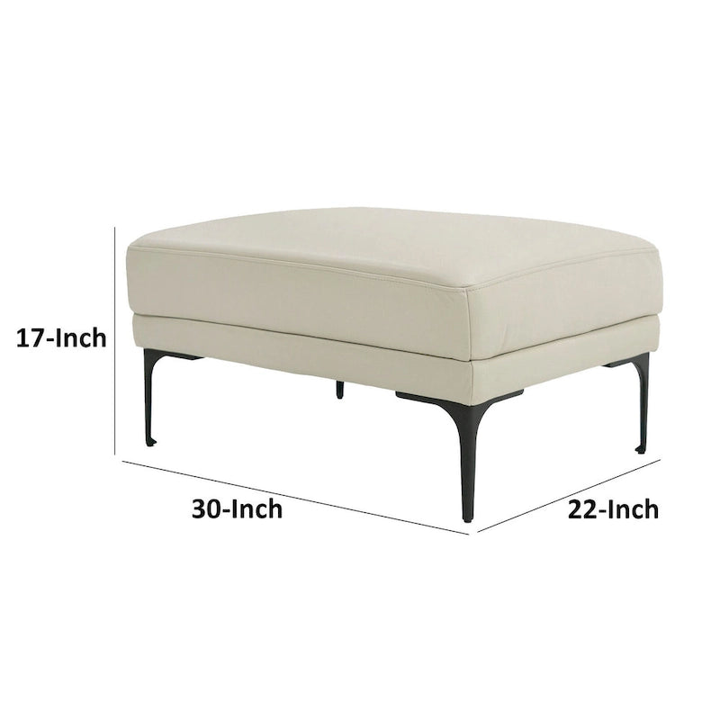Rectangular Cushioned Leather Ottoman with Powder Coated Iron Base, Light Gray