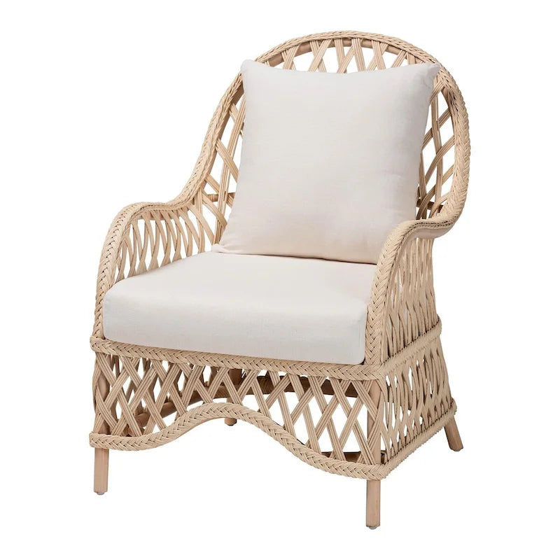 Ivory Braided Rattan Bohemian Accent Armchair with Removable Cushion