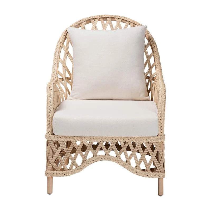Ivory Braided Rattan Bohemian Accent Armchair with Removable Cushion