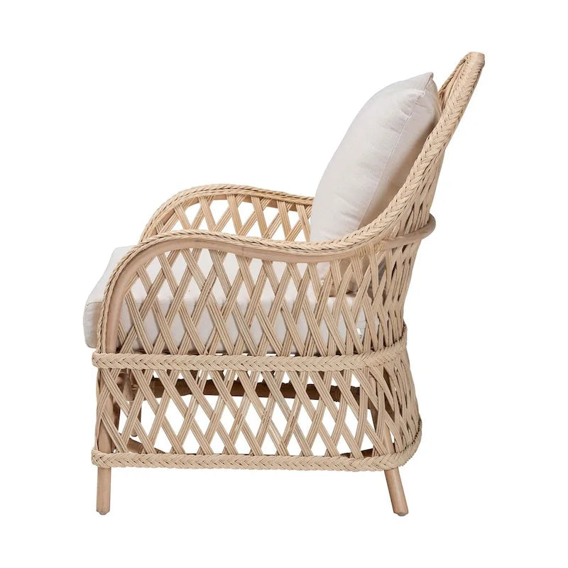 Ivory Braided Rattan Bohemian Accent Armchair with Removable Cushion