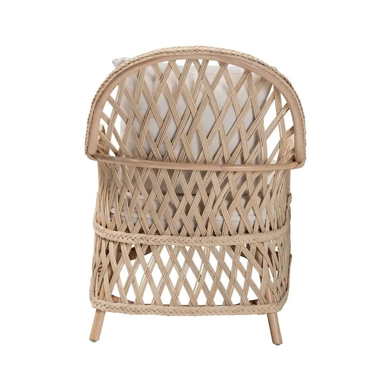 Ivory Braided Rattan Bohemian Accent Armchair with Removable Cushion