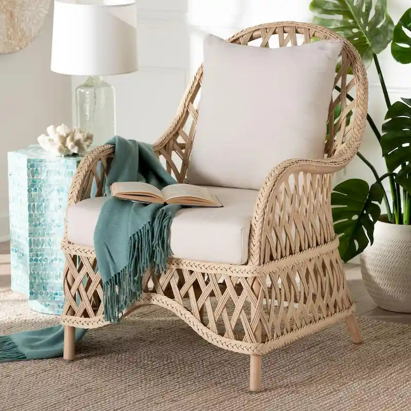 Ivory Braided Rattan Bohemian Accent Armchair with Removable Cushion