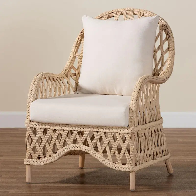 Ivory Braided Rattan Bohemian Accent Armchair with Removable Cushion