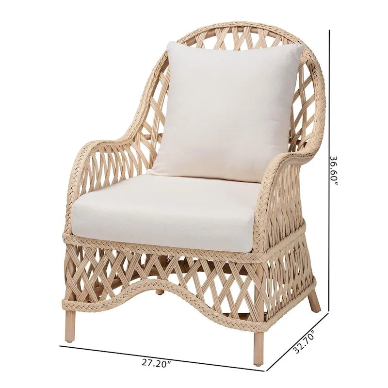 Ivory Braided Rattan Bohemian Accent Armchair with Removable Cushion
