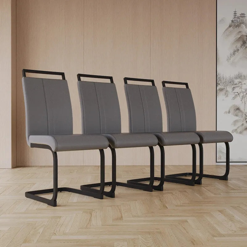 Modern Grey High Back PU Faux Leather Dining Chair with C-Shaped Metal Base