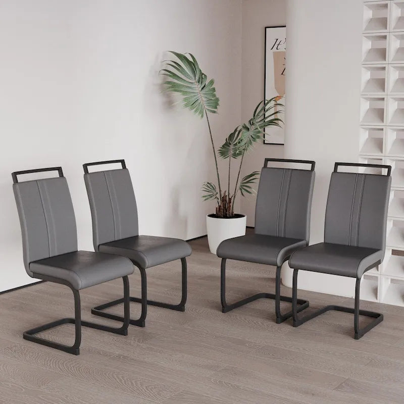 Modern Grey High Back PU Faux Leather Dining Chair with C-Shaped Metal Base