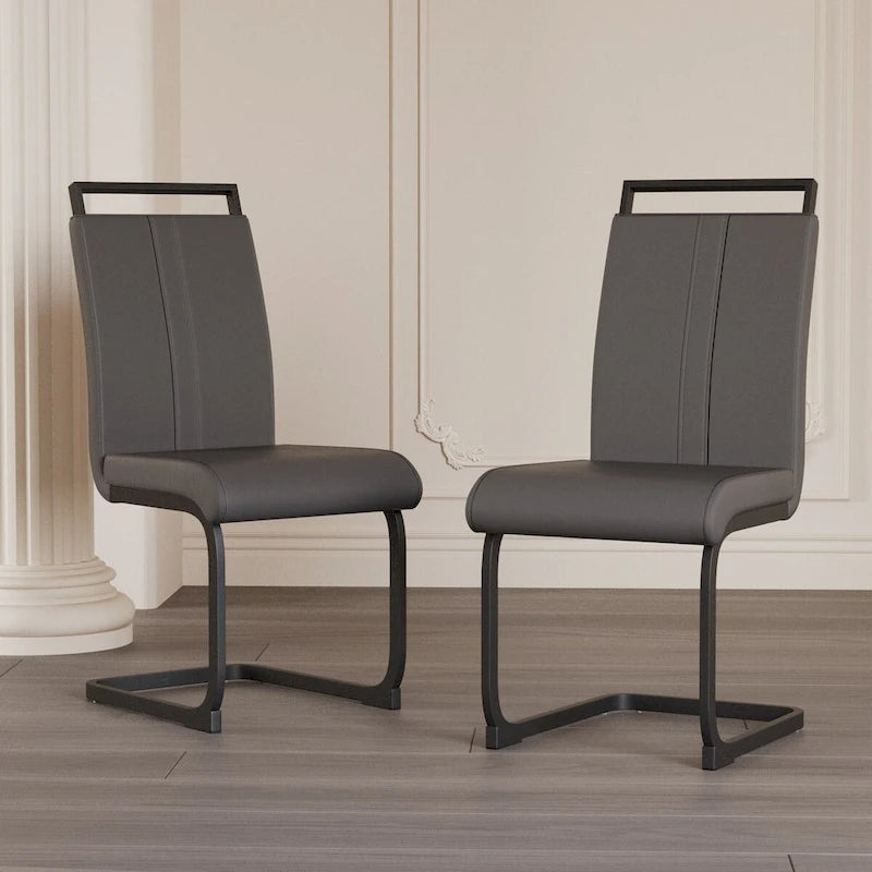 Modern Grey High Back PU Faux Leather Dining Chair with C-Shaped Metal Base