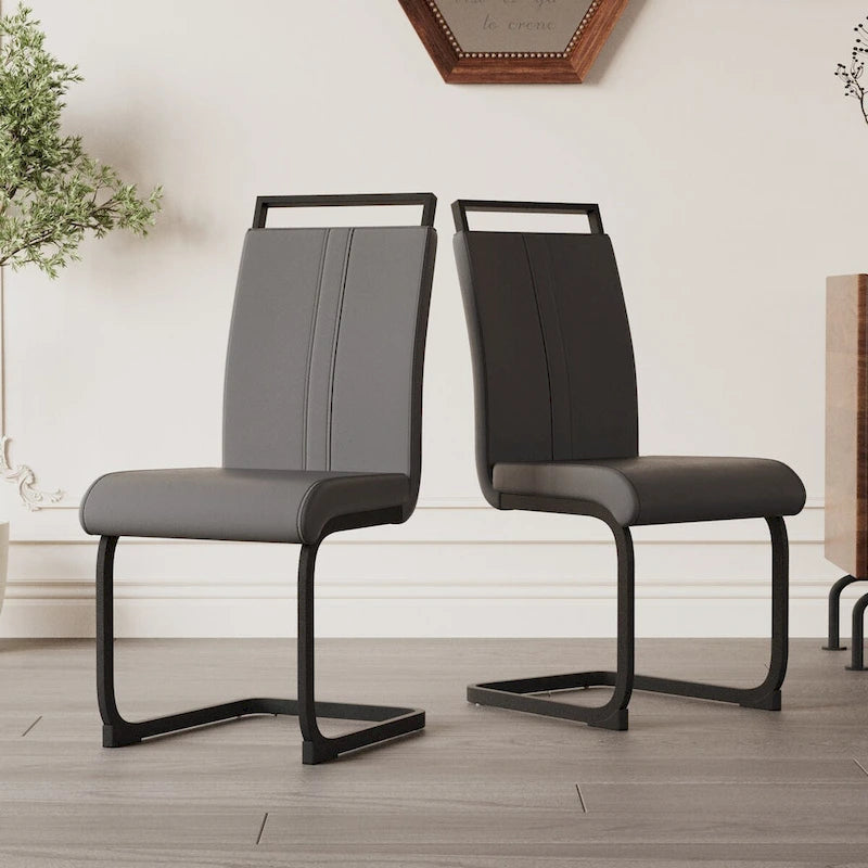 Modern Grey High Back PU Faux Leather Dining Chair with C-Shaped Metal Base
