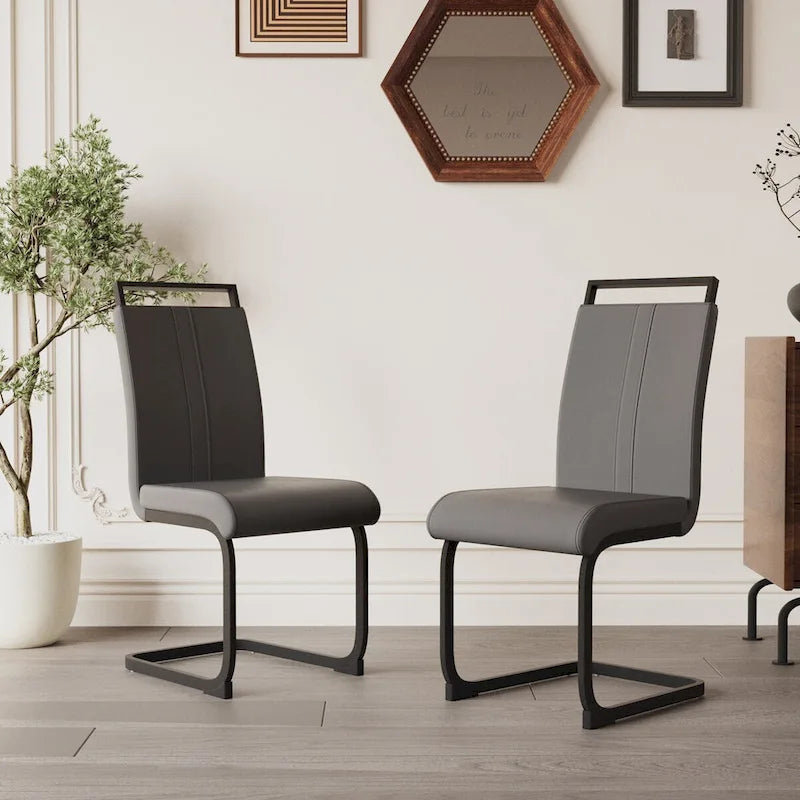 Modern Grey High Back PU Faux Leather Dining Chair with C-Shaped Metal Base