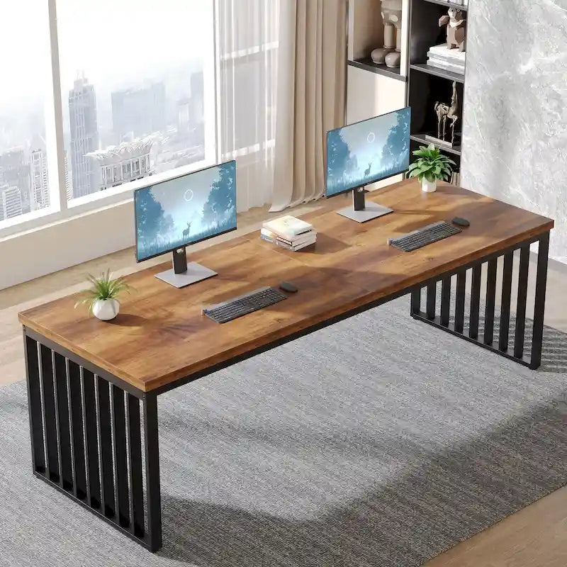 Large Rustic Brown Wood Top Black Metal Frame Writing Computer Desk