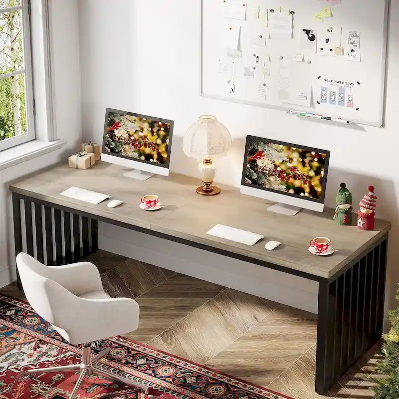 Large Rustic Brown Wood Top Black Metal Frame Writing Computer Desk