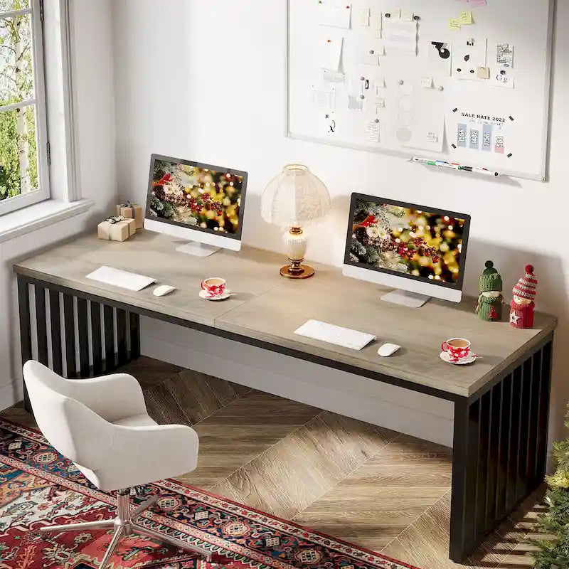 Large Rustic Brown Wood Top Black Metal Frame Writing Computer Desk