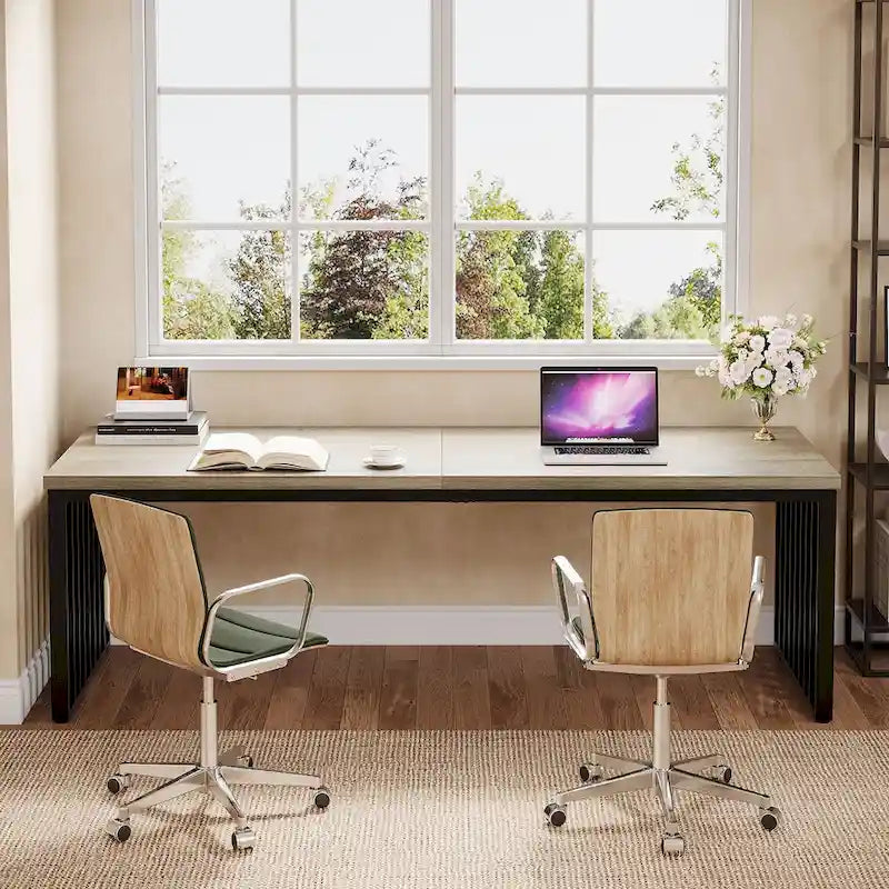 Large Rustic Brown Wood Top Black Metal Frame Writing Computer Desk