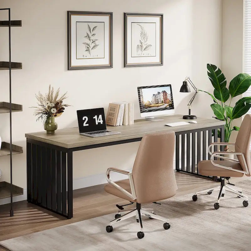 Large Rustic Brown Wood Top Black Metal Frame Writing Computer Desk
