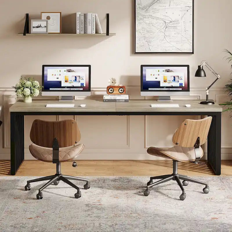 Large Rustic Brown Wood Top Black Metal Frame Writing Computer Desk