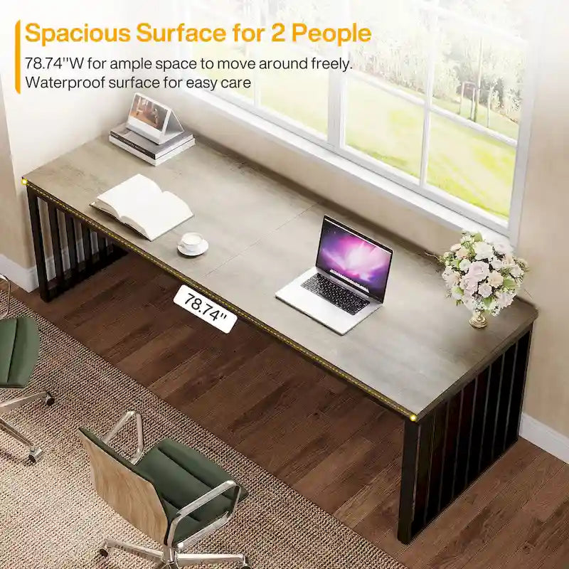 Large Rustic Brown Wood Top Black Metal Frame Writing Computer Desk