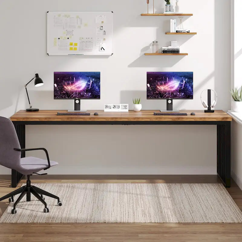 Large Rustic Brown Wood Top Black Metal Frame Writing Computer Desk