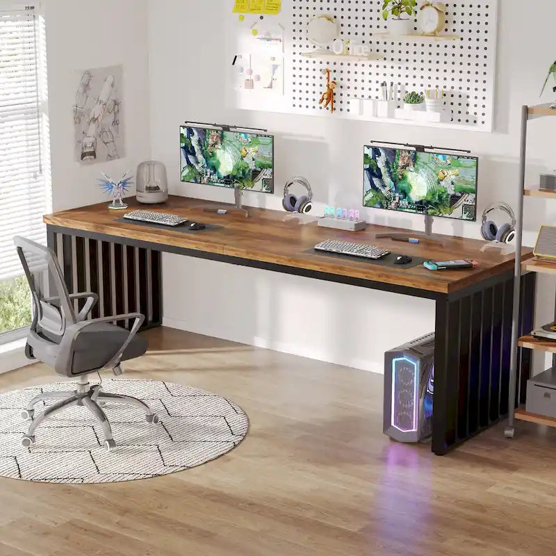 Large Rustic Brown Wood Top Black Metal Frame Writing Computer Desk